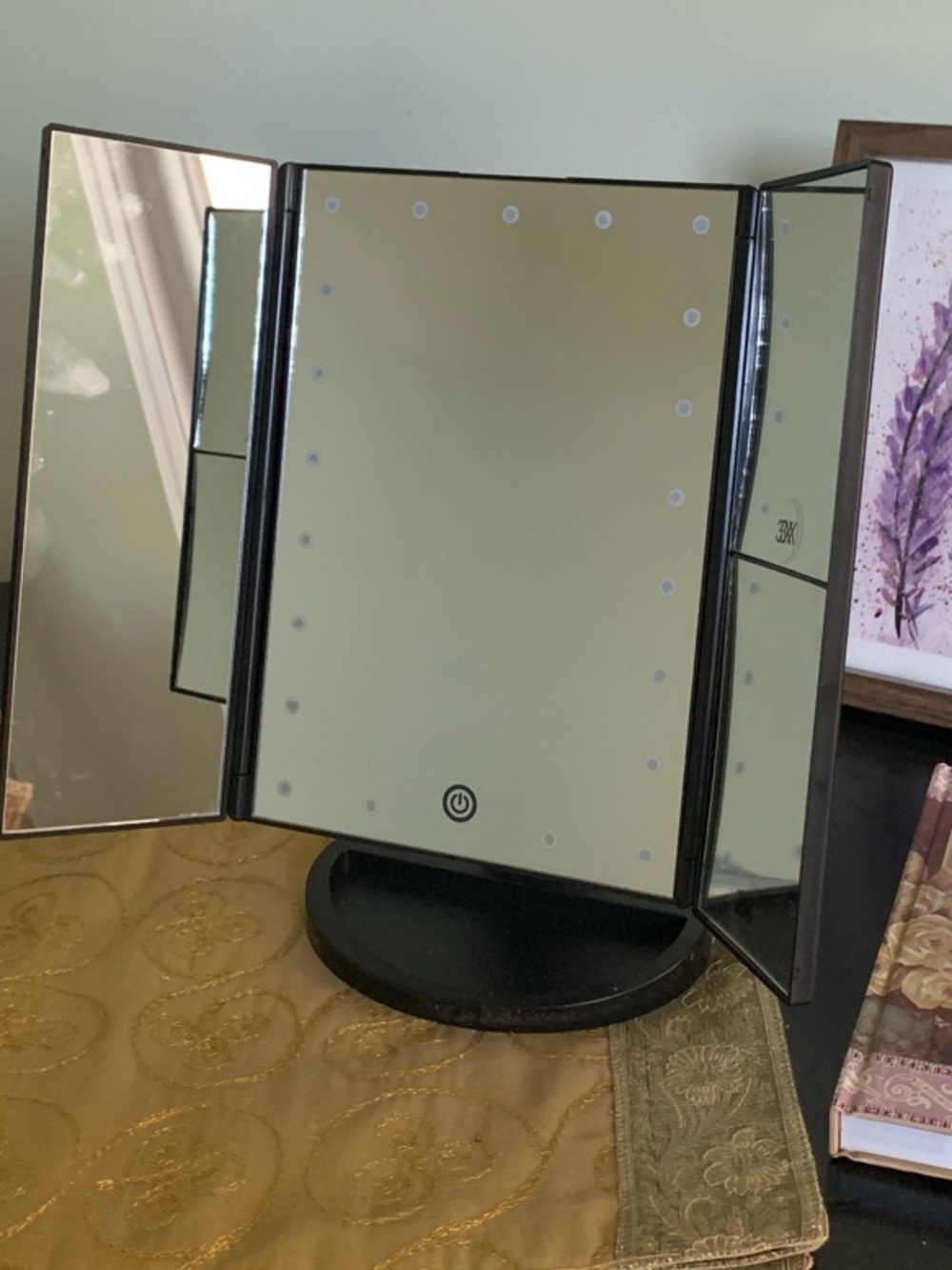 Lighted Tri-Fold Makeup Mirror with 2x Magnifier - Black